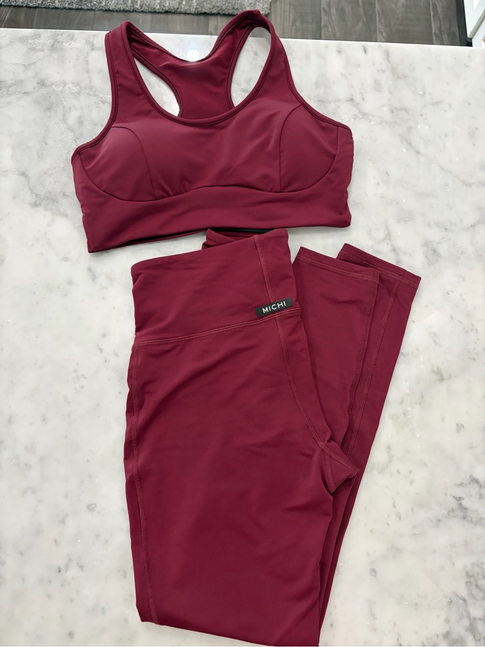 MICHI Wine/Burgundy High-Waist Leggings and Racerback Sports Bra Set